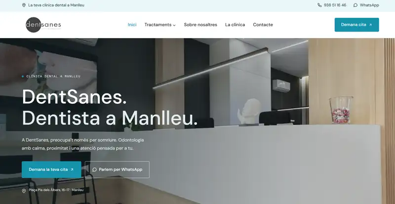 Página de inicio de la web de DentSanes, clínica dental en Manlleu, creada por SEO Pump